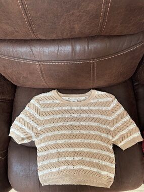 aerie Cream & Tan Striped Cropped Knit Top